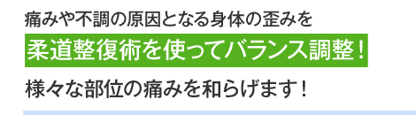 痛みや不調の原因となる身体の歪みを柔道整復術を使ってバランス調整！様々な部位の痛みを和らげます！